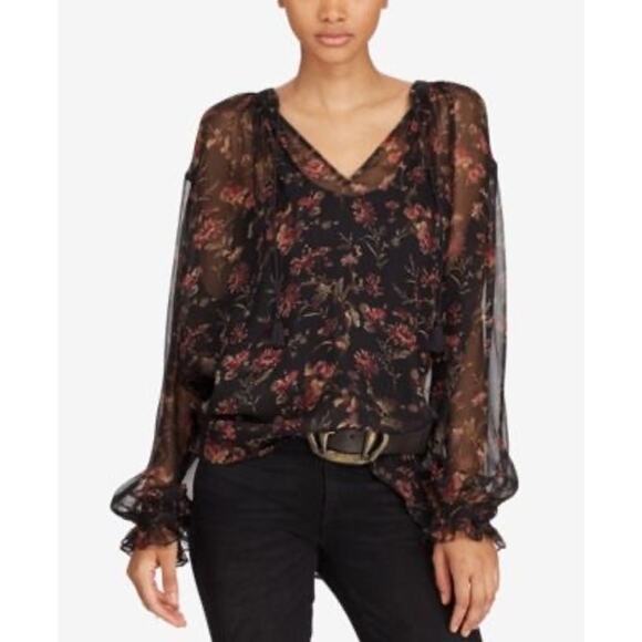 Polo‎ Ralph Lauren Shirt Women Small Black Floral Silk Sheer Cottagecore Boho - Picture 1 of 11